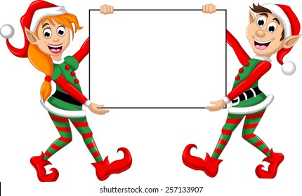 two  Christmas elf holding blank sign 