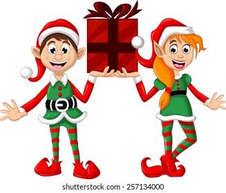 two Christmas elf holding a gift