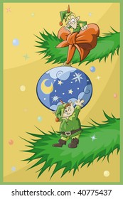 Two Christmas elfs decorate Christmas-tree