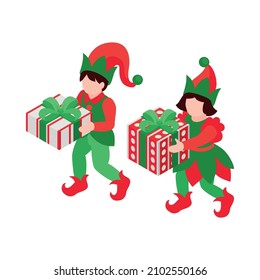 Dos elfos de navidad en trajes brillantes verdes y rojos portando cajas de regalo icono isométrico aislado ilustración vectorial 3d