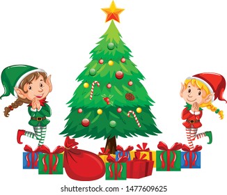 Two Christmas Elves Christmas Tree Illustration Stock Vector (Royalty ...