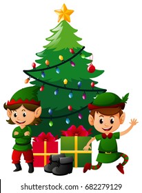 Two christmas elves under christmas tree illustration