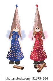 Two Christmas flying angels with blue and red dresses .Symbol in Christian religion.Cinnamon decoration.