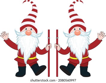 Two Christmas funny gnomes. Christmas Gnomes in holiday hats Christmas funny, EPS, Vector