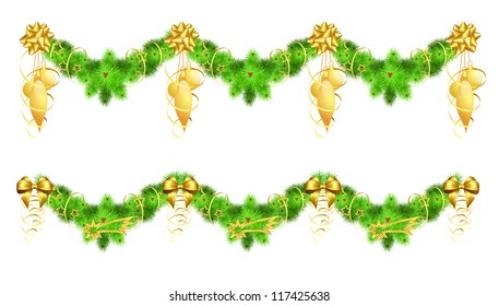 two christmas garlands with golden decorations,  vector illustration, eps 10, contains gradients and transparency