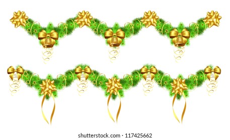 two christmas garlands with golden ribbons and bells,  vector illustration, eps 10, contains gradients and transparency