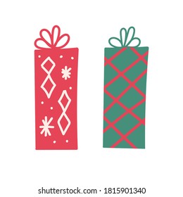 Two Christmas gifts with bright decorations. Funny red and green presents with a surprise inside. Cartoon vector illustration isolated on white background.