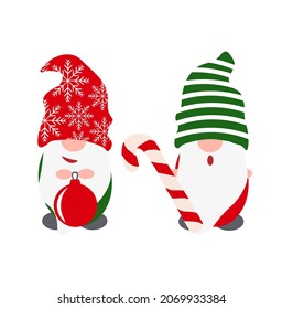 Two  christmas gnomes.  Red and green clothes.  Holiday decor elements for the New Year.  funny gnomes, new year card design, congratulations, holiday. Merry christmas and happy new year