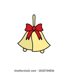 Two Christmas gold bells with red  bow vector icon isolated on white background. Xmas vector illustration for holiday card 