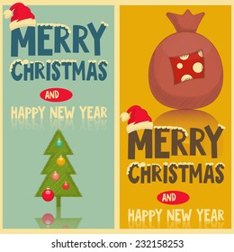 Two Christmas Greeting Cards - Christmas Tree and Bag. Vector Illustration.