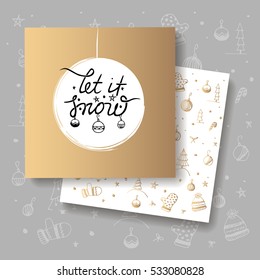 Two Christmas greeting cards. Vector illustration. Winter theme gold line doodle pattern on the white background. "Let it snow" lettering. Hand drawn pattern used on the card is seamless.