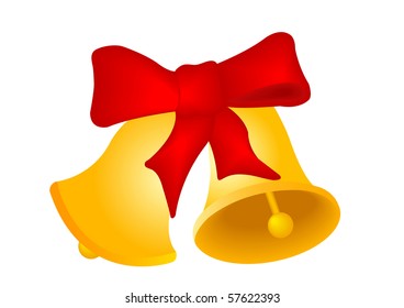 Two Christmas hand bells with a red ribbon