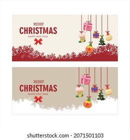 Two Christmas horizontal cards with shining snowflakes, ribbons, and colorful balls. New year and Christmas card illustration on light background