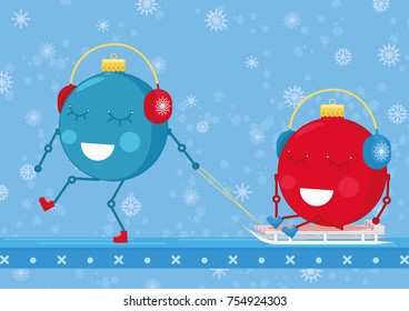 Two christmas ornament balls are playing and enjoying sledge. Christmas/New years card for 2019. Simple cute illustration with cartoon characters
