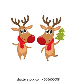 Two Christmas reindeer with a red scarf and green fir tree, cartoon vector illustration isolated on white background. Christmas red nosed deer, holiday decoration element