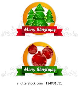 Two christmas round label with balls and fir tree & text, vector illustration