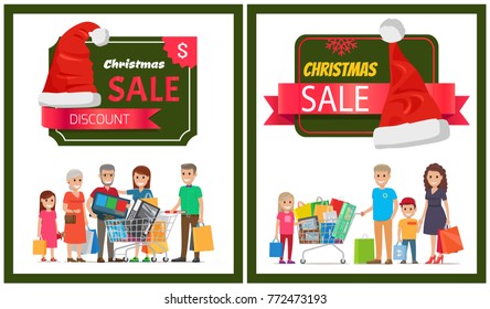 Two Christmas sale posters vector illustration with two happy families, lot of purchases in hands and wheelbarrow, ad text, red hats with white bubos