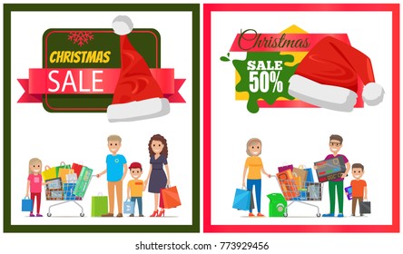 Two Christmas sale posters vector illustration with two happy families, lot of purchases in hands and wheelbarrow, ad text, red hats with white bubos