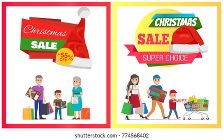 Two Christmas sale posters vector illustration with two happy families, lot of purchases in hands and wheelbarrow, ad text, red hats with white bubos