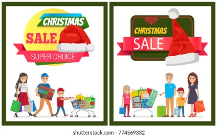 Two Christmas sale posters vector illustration with two happy families, lot of purchases in hands and wheelbarrow, ad text, red hats with white bubos