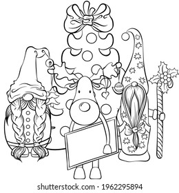 Two Christmas scandinavian gnomes and deer near the christmas tree. Cute nisse or tomte cartoon character. Vector hand drawn illustration in line art style isolated. For coloring book page, postcards