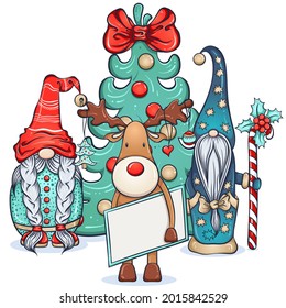 Two Christmas scandinavian gnomes and deer near the christmas tree. Cute nisse or tomte cartoon character. Vector color hand drawn illustration isolated on white. For xmas design, postcards