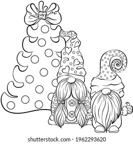 Two Christmas scandinavian gnomes near the christmas tree. Cute nisse or tomte cartoon character. Vector hand drawn illustration in line art style isolated. For coloring book page, postcards