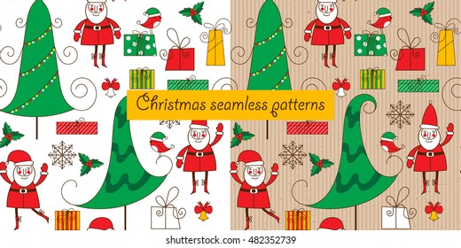 Two christmas seamless pattern on a white background and a cardboard background. Santa, a Christmas tree, a bird and a gift box. Funny background for Christmas and New Year. Vector illustration.