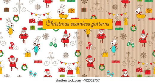 Two christmas seamless patterns on a white background and a cardboard background. Santa, deer, gift box and mittens. Funny backgrounds for Christmas and New Year. Vector illustration.