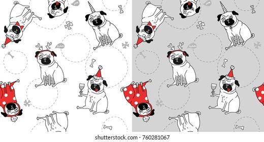 two Christmas seamless texture with pugs, gray and white background. Funny pugs in different suits. Vector illustration