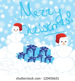 Two Christmas Snowman wearing a Santa Hat standing near present boxes, on background text "Merry Christmas"
