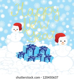 Two Christmas Snowman wearing a Santa Hat standing near present boxes, on background text "Happy New Year"