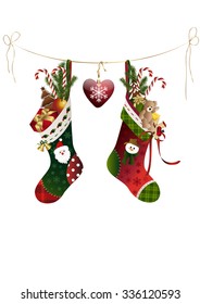 Two christmas stockings with presents