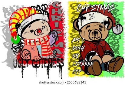 Two Christmas teddy bears illustration in graffiti style features a playful and cheeky depiction of the beloved childhood toy. The bear is depicted with bold, thick lines giving it a dynamic feel