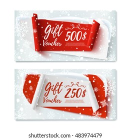 Two, Christmas Time, winter gift voucher templates, with abstract banners, snow and snowflakes. Vector illustration.