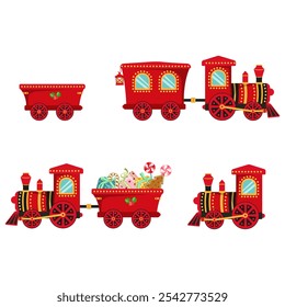 Two Christmas trains with gifts. Toy locomotive on a isolated background for holiday cards, tags, invitations