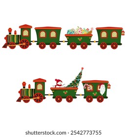 Two Christmas trains with gifts, tree, snowman, Santa. Toy locomotive for holiday cards, tags, invitations