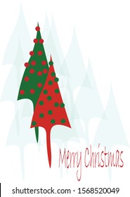 Two Christmas Tree, green and red, with balls in inverted colors respectively, on textured background. Lettering: Merry Chistmas. Editable vector card.
