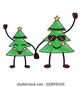 two christmas tree kawaii cartoon smiling