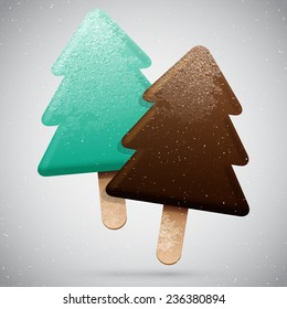 Two Christmas tree shaped frosted ice creams, vector delicious set, winter holiday food icon