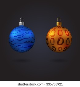Two christmas tree toys with different ornaments. Vector illustration