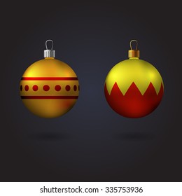 Two christmas tree toys with different ornaments. Vector illustration