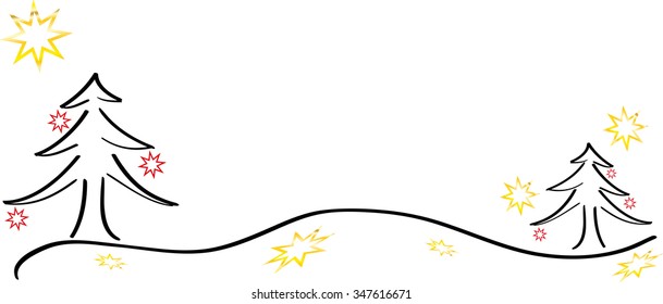 Two Christmas trees as black and white display with a few lines in a landscape. Decorated with some stars.