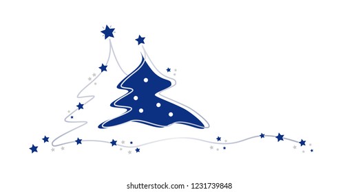 two christmas trees in blue and grey with stars and balls