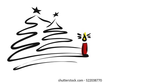 Two Christmas Trees with burning Candle and Copy Space, hand-drawn vector sketch, Artwork