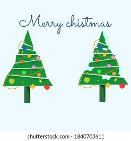 Two Christmas Trees and decorated with lights in the snow, Christmas and new year winter greeting card concept.