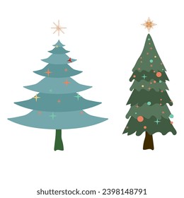Two Christmas trees in different styles. Green Christmas Trees vector illustration on white background
