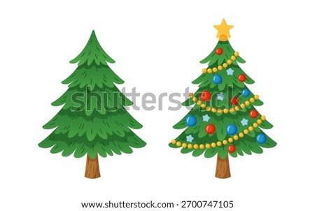 Two Christmas trees or fir trees, plain and decorated with ornaments, garlands, and a star. Hand drawn trendy flat style. For Christmas cards, posters, festive design projects. Vector illustration