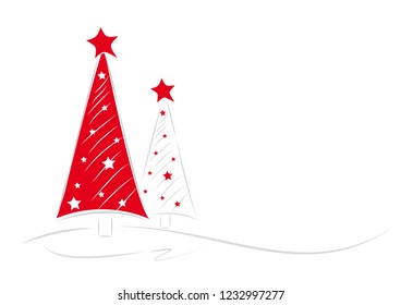two christmas trees in grey and red with stars and whtie background