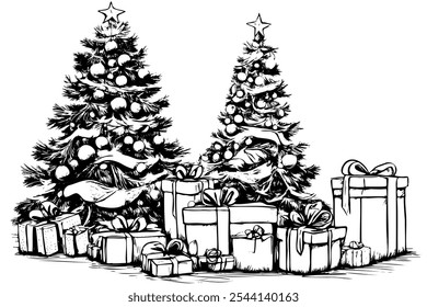 Two Christmas trees with many gifts under them. Scene is festive and joyful. The trees are decorated with ornaments and lights, and the gifts are piled up under them, creating a sense of abundance